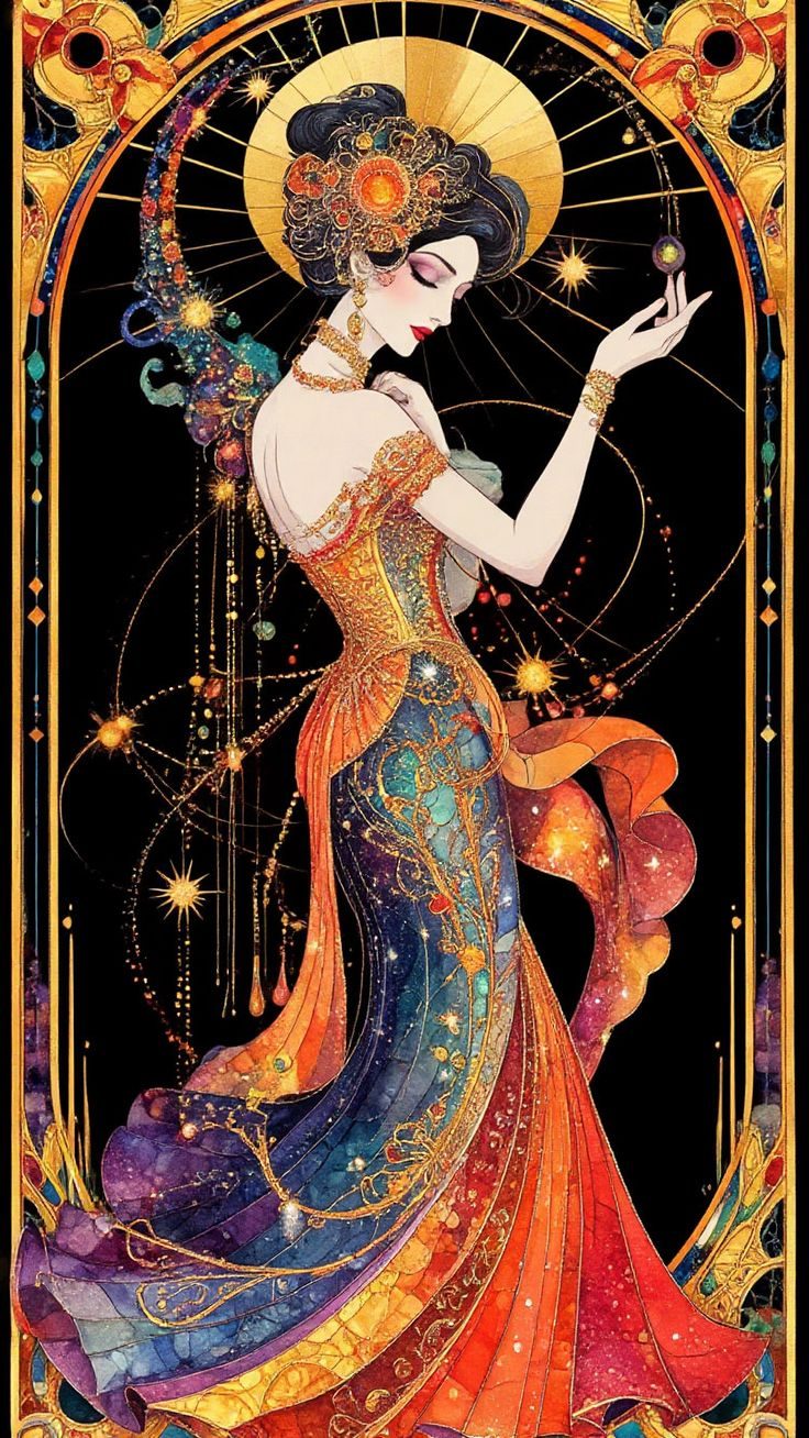 A woman in an ornate dress surrounded by celestial bodies and cosmic elements.